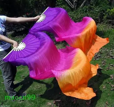£16.68 • Buy 1 Pair(left+right) 100% Silk Belly Dance Fan Veil Purple/red/orange (1.5m 1.8m)