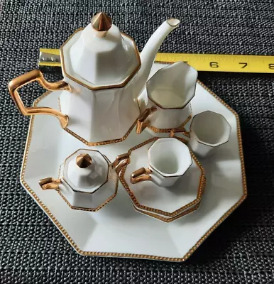 Vintage Miniature White With Gold Trim 10 Piece Coffee / Tea Set • $18