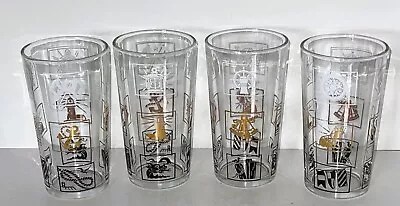 Set Of 4 MCM Nautical Themed Barware 10-12 Oz. Glass Tumblers Gold Black Accents • $9.99