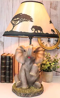 African Safari Glow Sitting Elephant With Trunk Up Desktop Table Lamp With Shade • $81.99