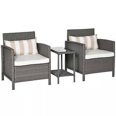 Rattan 2 Seater Patio Bistro Set With Cushion Pillow - Grey Cream White • £202.19