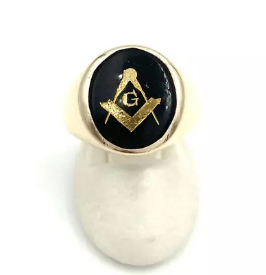 Men's Vintage 10k Yellow Gold Inlay Round Black Onyx 1980s Masonic Ring Size 9 • $329