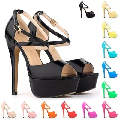 New Womens Hollow Out Patent Leather High Heel Shoes Peep Toe Roman Sandals • $76.99