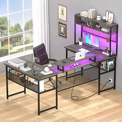 U Shaped Gaming Desk Home Office Desk W/ LED Strip Two Person Computer Desk Grey • $279.99