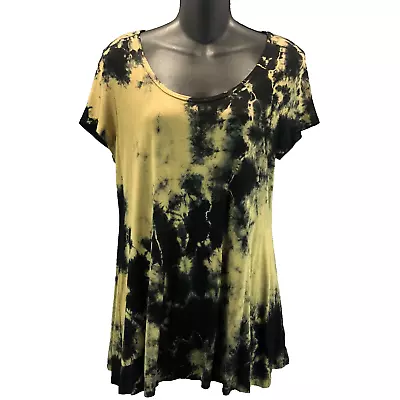 T Party Women M Brown Black Tie Dye Knit Short Sleeve Open Back Peace Sign Tunic • $19.45