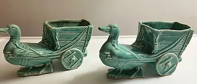 Vintage Pair Nelson McCoy NM  Turquoise Green Duck W/ Wagon Cart Planters • $59