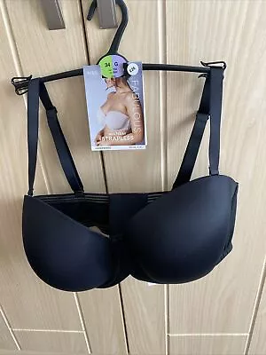 M&S Ladies Multiway Strapless Underwired Bra Black Size 34G New With Tag • £6.75