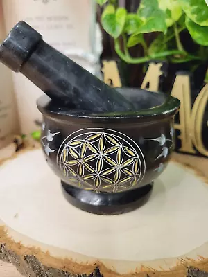 Flower Of Life Black Mortar And Pestle Flower Of Life Soapstone Herb Grinder Ha • $18.70