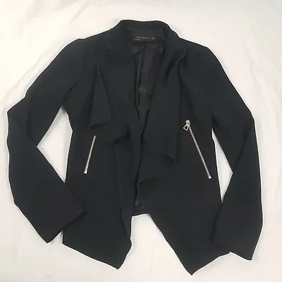 Zara Black Zip Pocket Blazer Jacket Waterfall Open Front Rough Edge Size XS • £18.99