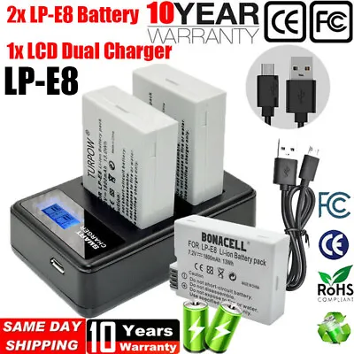 2x LP-E8 Battery+ LCD Dual Charger For Canon EOS 700D 550D 650D 600D DSLR Camera • £18.49