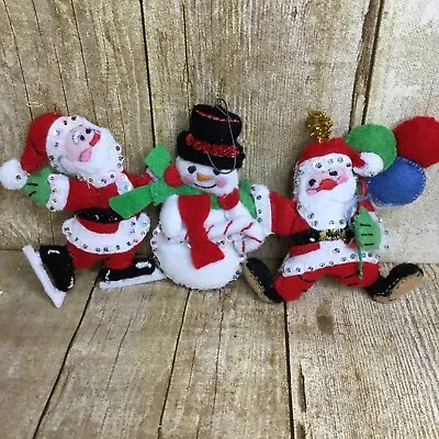 3 Vintage Felt Sequin Christmas Ornaments Ice Skating Santa Snowman Balloons • $24.99