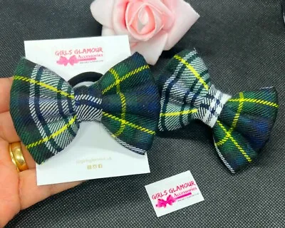 Tartan Hair Bow Bobbles Hairband Green McDonald Fabric Tie Band Burns Night Sash • £2.99