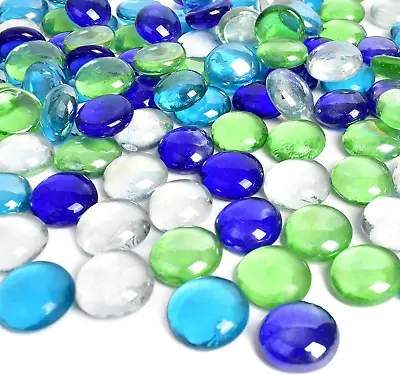 Huianer Round Clear Glass Pebbles 450g Mixed Color Blue Green Flat Stone Table • £12.13