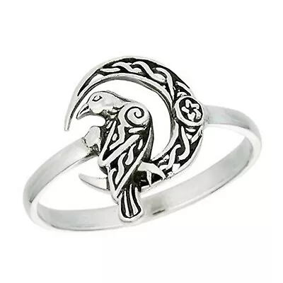 Norse Raven Ring 925 Sterling Silver Celtic Crescent Moon Viking Crow Band • $24.99