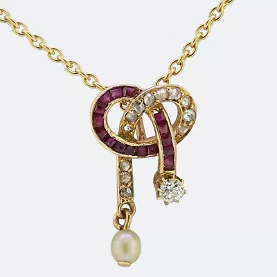 Gold Diamond Pendant- Edwardian Ruby Diamond And Pearl Negligee Necklace 18ct • £1375