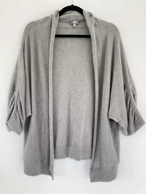 J. Jill 100% Cashmere Grey Ruched 3/4 Sleeve Cardigan Sweater Relaxed Loose Sz M • $29.99