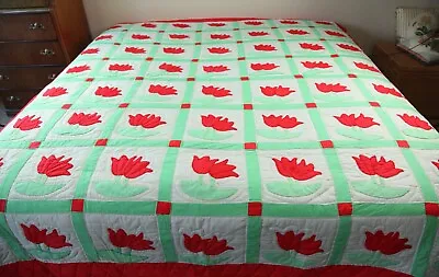 Vintage Handmade Applique Tulip Quilt Queen 87  X 96  Red Green Hand Stitched • $265