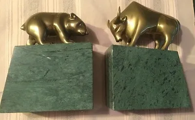  GATCO BULL & BEAR Of Wall Street BOOKENDS Green Marble Solid Brass Bronze* • $149.99