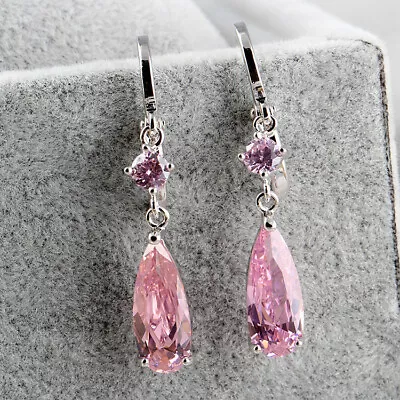 New Slim Waterdrop Design Charm Pink Topaz Gemstone Women Dangle Long Earrings  • $7.40