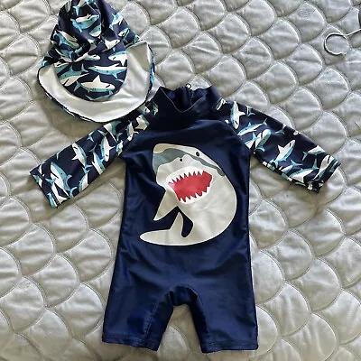 Baby Boy Rashgaurd Swimsuit Hat Set 3/6 Mos Navy White Aqua Shark Print Euc • $5