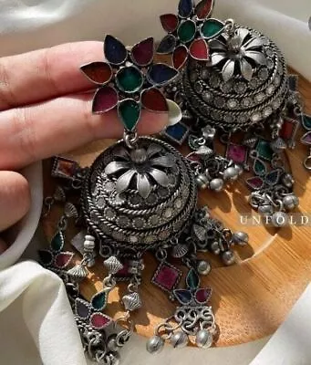 Indian Designer Oxidised Silver Plated Women Fashion Afghani Jhumka Earrings • $22.61