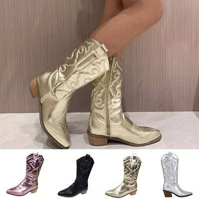 Womens Mid Calf Boots Fashion Pointed Toe Western Boot Work Non-Slip Embroidered • $57