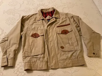 $45 • Buy VTG Gant Cotton Khaki Mens L Jacket W/Leather Trim & Plaid Lining