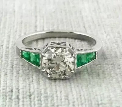 Art Deco Round Lab Created Diamond & Emerald Wedding 14Ct White Gold Filled Ring • $97.15