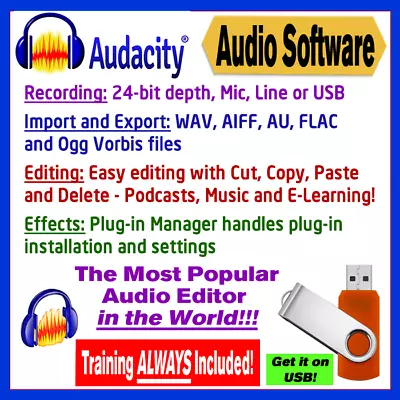 Audacity Audio Production Editor-Recorder-Effects DAW W/ Training! - USB Stick • $14.99