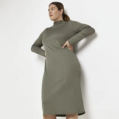 £12 • Buy River Island Womens Bodycon Midi Dress Khaki High Neck Long Sleeve Plus Size