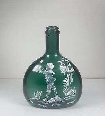 Vintage Green Glass Liquor Bottle With Hand Painted By Mary Gregory • $39.29