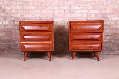 Franklin Shockey Mid-Century Modern Sculpted Solid Pine Bedside Chests Newly Re • $2995