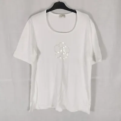 Ladies Top Size 14 VIA APPIA White  Stretch Jersey Smart Casual Day Sequin Flowe • $15.14