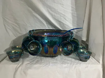 Vintage Indiana Glass Co Iridescent Blue Carnival Glass #7446 Punch Bowl Set • $140