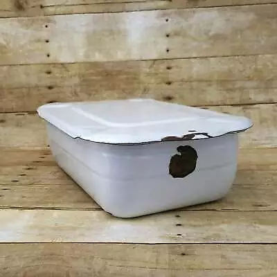 Antique White Enamelware Medical Storage Bin With Lid By ARMCO Middletown Ohio • $65.50