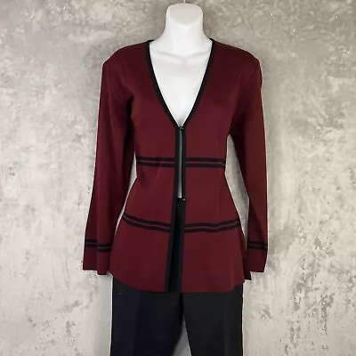 Misook Woman's Cardigan Sweater Extra Small Maroon Black Stripe 2 Button V-Neck • $29.99