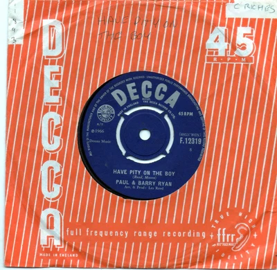 £2.50 • Buy PAUL & BARRY RYAN  HAVE PITY ON THE BOY  ORIGINAL UK 7  45rpm SINGLE  VERY GOOD
