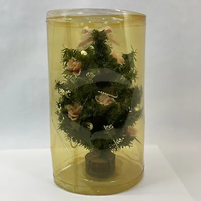 VINTAGE Mini Artificial Table Top Christmas Tree 11” Ornaments Pink Roses Pearls • $6.95