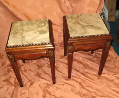 Pair Antique French Carved Oak Marble Top Nightstands W/ Brass Accents C. 1900 • $447