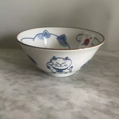 Japanese Smiling Money Cat Rice Bowl Maneki Neko Cute Blue Design 15cm • £12