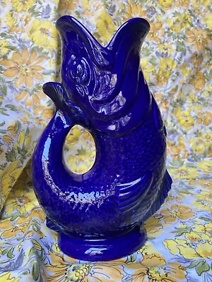 Cobalt Blue Glazed Wade Pottery Fish Gluggle Jug Pitcher Stoke On Trent - 8.75  • $31