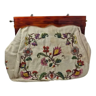 Vintage Handbag White Floral Embroidered Needlepoint Tapestry Purse  • $25