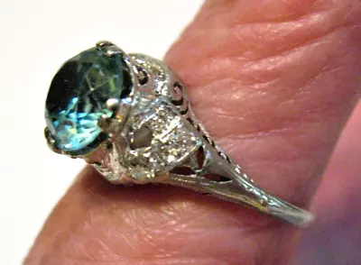 Art Deco Platinum Diamond Blue Zircon Ring Size 8.5 4.9 Grams • $950