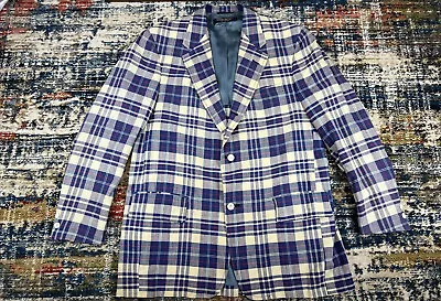 Vintage Brooks Brothers Madras 45L Plaid Sport Coat Jacket Blazer Cotton Blue 46 • $82.99