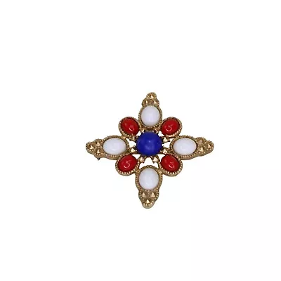 Sarah Coventry Brooch Red White Blue Goldtone Vintage Gold Tone 91058 • $10