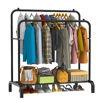 LOEFME Metal Coat Hat Shoes Rack Stand Clothes Rail Storage Hanger Shelf Black • £18.99