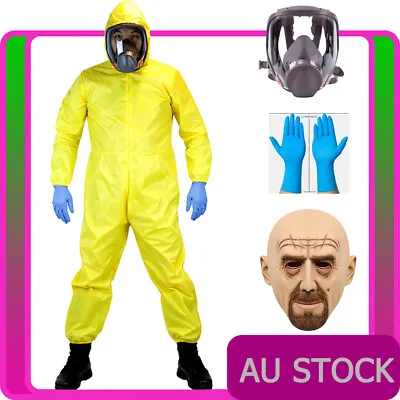 Mens Breaking Bad Costume Hazmat Suit Halloween Lab Walter Yellow Jumpsuit Mask • $86.99