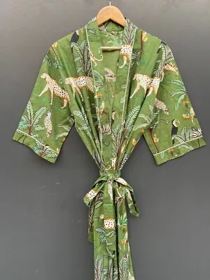 Indian Jungle Printed Kimono Cotton Bath Robe Maxi Night Gown Robes Sleepwear • $46.52