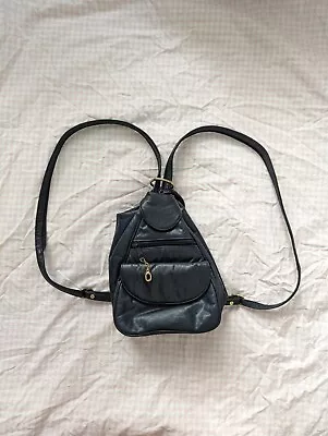 Vintage 90s Emilio Santi Genuine Leather Navy Convertible Sling Purse/ Backpack • $102