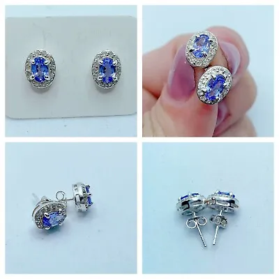 Sterling Silver Aaa Grade Tanzanite & White Topaz Oval Stud Earrings • £130